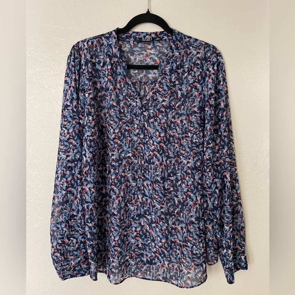 a.n.a Navy Multicolor Abstract Print Long-Sleeve Blouse